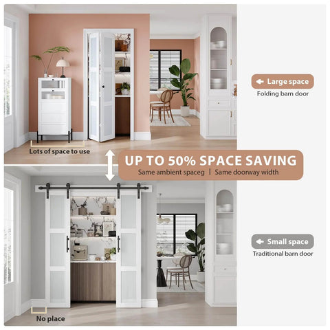 Bi Fold Doors For 30 By 80 Opening With Tempered Frosted Glass Closet Barn Door Concealed Hardware Kit MDF Wood Panel And Water Resistant PVC Surface No Fuss Easy Install Space Saving Interior Door showing space-saving design comparison between folding and traditional barn doors in a room setting.
