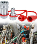 QWORK hydraulic quick-connect couplers, 2 sets, hardened steel with red dust caps, 1/4 inch NPT threads, front view