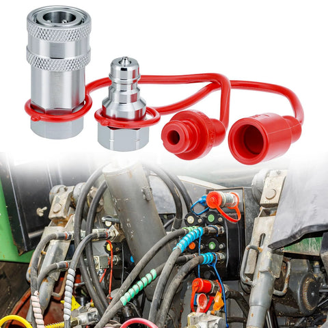 QWORK hydraulic quick-connect couplers, 2 sets, hardened steel with red dust caps, 1/4 inch NPT threads, front view