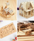 Yaliuliu basswood craft sheets, 4x8x1/8 in, unfinished 20-pack; collage of ship model, house, mushroom cutouts, and village buildings