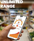 Person holding smartphone showing Wireless Meat Thermometer With WiFi And Bluetooth app interface in a grocery store.