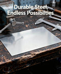 Hot Rolled Steel Plate on Workbench, Two Pack Hot Rolled Steel Plates 4.7 x 4.7 x 0.16 In 18-Gauge Low Carbon Weldable Metal Sheets