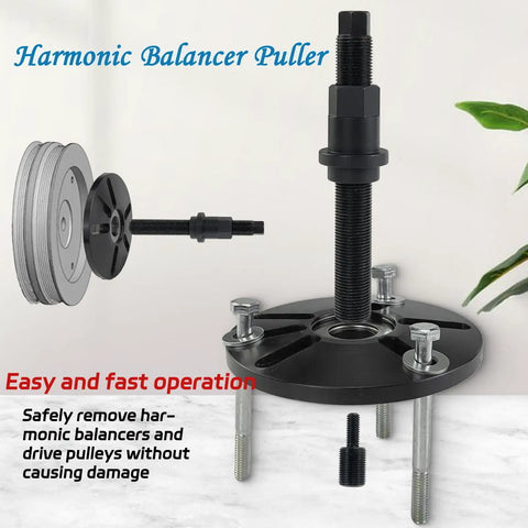 Heavy Duty Harmonic Balancer Puller Tool Kit for Easy Crankshaft Pulley Removal showing components and assembled view.