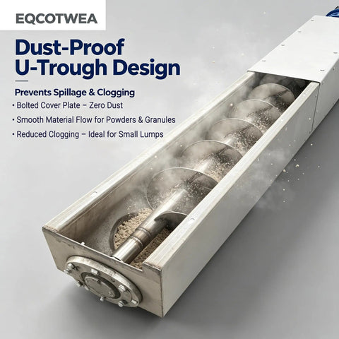 Rock Solid U Trough Screw Conveyor Built Tough From Real 304 Stainless Steel Industrial Auger Feeder for Food Powder and Granule Material Handling 3KW Motor Runs Slick with dust-proof design.