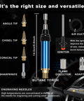 MAP And MAPP Gas Soldering Mini Pen Torch Kit With 3 Foot Hose 6 Replaceable Heads Piezo Igniter Free Flint Lighter Storage Box Portable Brazing And Jewelry Welding Torch For Jewelry Making And Metalwork components shown.