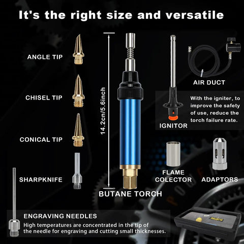 MAP And MAPP Gas Soldering Mini Pen Torch Kit With 3 Foot Hose 6 Replaceable Heads Piezo Igniter Free Flint Lighter Storage Box Portable Brazing And Jewelry Welding Torch For Jewelry Making And Metalwork components shown.