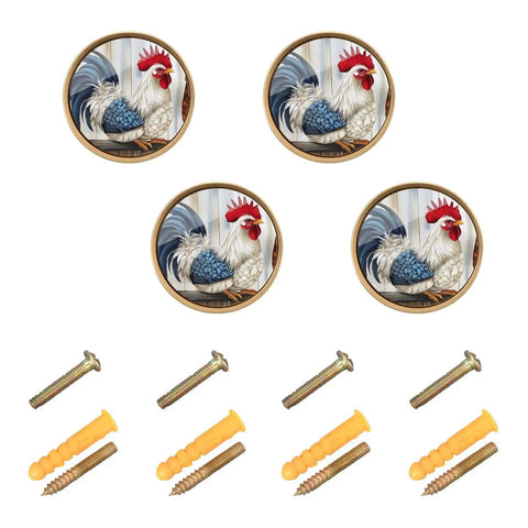 Rooster Themed Gold Cabinet Knobs 4 Pack Round Drawer Pulls For Cabinets Drawers And Dressers With Scratch Resistant Gold Print Dual Screws Durable Acrylic And Zinc Alloy Hardware.