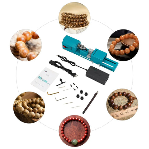 Compact Wood Lathe Machine Featuring 96 Watt Copper Motor Adjustable 4000 To 9000 Rpm Speed aluminum build with beaded accessories.