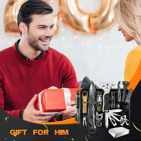 Man receiving survival gear kit for men with 27 in 1 complete tools including axe, fire starter, compass, flashlight, emergency blanket.