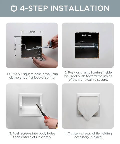 4-step installation guide for Recessed In Wall Toilet Paper Holder Built To Last Slick Stainless Steel Tissue Roll Dispenser.