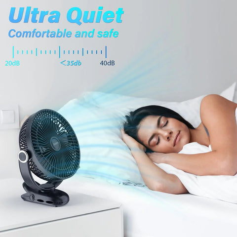 Power-Packed 12000mAh Clip-On Fan With 8 Inch Blade, 30 Hour Runtime, Ultra Quiet Operation on bedside table next to sleeping woman