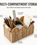 Handwoven Paper Rope Desk Organizer Basket With Wooden Handle Keeps Your Desk Clean With Must Have Multi Compartment Caddy for office supplies, gray.