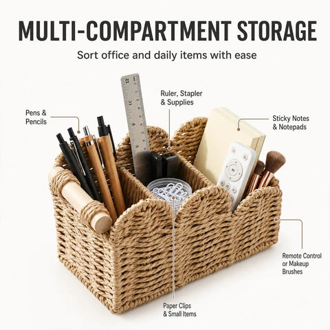 Handwoven Paper Rope Desk Organizer Basket With Wooden Handle Keeps Your Desk Clean With Must Have Multi Compartment Caddy for office supplies, gray.