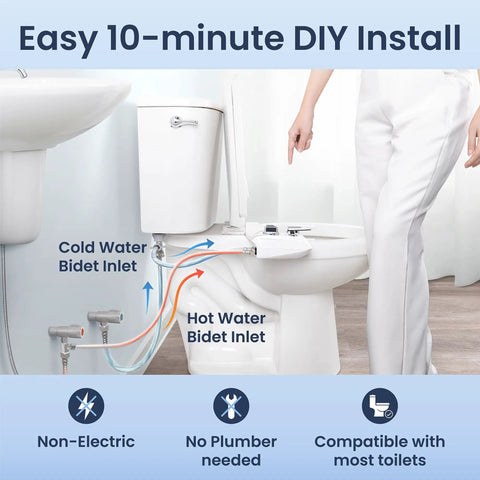 Warm Water Dual Nozzle Non Electric Bidet Attachment For Toilet Seat With 360 Self Clean And EZ Lift, DIY Install