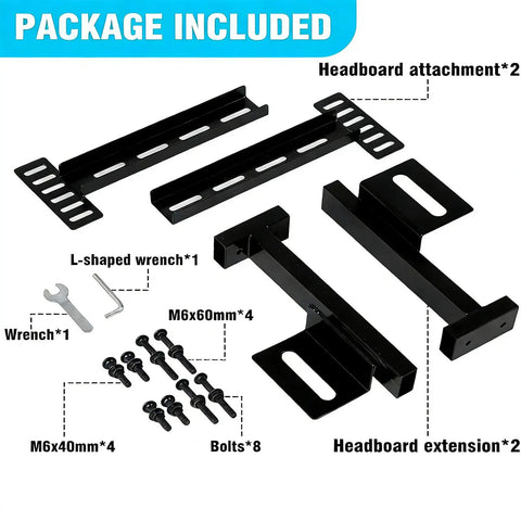 Heavy Duty Adjustable Headboard Brackets For Bed Frame Universal Wall Mount Hardware With Footboard Extension set includes bolts and wrenches.