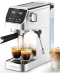 Next Level 1400W Espresso Machine With Auto Milk Frother And Sleek Stainless Steel Finish pouring espresso into clear cups.