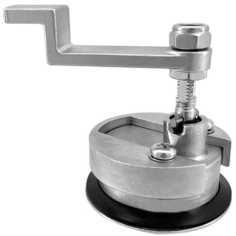 Marine-grade stainless steel floor hatch latch, angled front view, with turning handle and screw clamp on circular base.