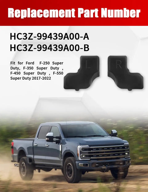 Beefed Up Tailgate Top Rubber Bumper Cushion And Bushing For Ford F250 F350 F450 F550 Super Duty 2017 2018 2019 2020 2021 2022 Replacement HC3Z 99439A00 A And HC3Z 99439A00 B with a Ford truck in the background
