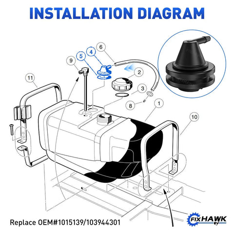 Diagram showing installation of Gas Golf Cart Fuel Tank Vent Assembly with Insulator Grommet Repair Kit, nylon composite valve