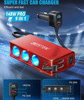 Rig Certified 148W Nine Port Cigarette Lighter Splitter With Pd 30W Qc 3.0 Fast Charge Hub showing red multiport charger with cables.