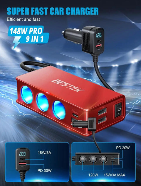 Rig Certified 148W Nine Port Cigarette Lighter Splitter With Pd 30W Qc 3.0 Fast Charge Hub showing red multiport charger with cables.