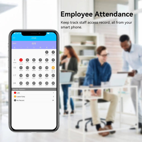Smartphone displaying employee attendance app in office setting with coworkers using computers in background