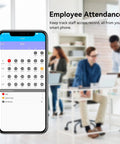 Smartphone showing app interface for employee attendance tracking in office setting, part of 5 In 1 Smart Lock With Fingerprint Sensor.