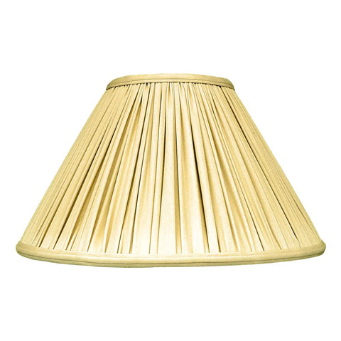 Empire Gather Pleat Lamp Shade in Antique Gold Silk Shantung With Off White Lining, viewed from the front, showcasing pleats and texture.