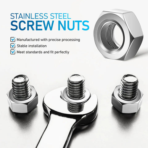 Top Shelf 50 Pc Stainless Steel Screw Nuts With Coarse Thread Heavy Duty Hex Fasteners Corrosion Proof Hardware with wrench.