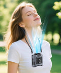 Woman using Waist Clip On Personal Fan With 10000mAh Battery, Hands Free Belt Cooler On The Go, USB Type C Power Bank, Built In Flashlight