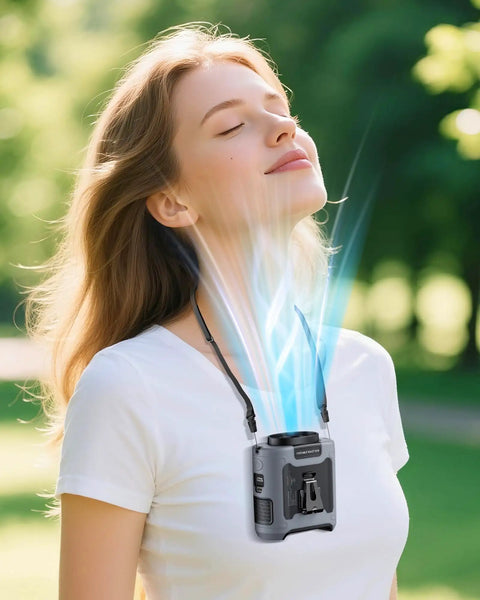 Woman using Waist Clip On Personal Fan With 10000mAh Battery, Hands Free Belt Cooler On The Go, USB Type C Power Bank, Built In Flashlight
