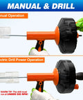 Heavy Duty 33 Foot Auto Feed Drain Auger And Sink Snake in manual and electric drill operation for unclogging pipes.