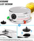 Front view of stainless steel pressure test device with green and red port tabs and warning label.