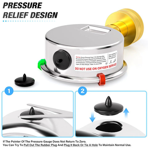 Front view of stainless steel pressure test device with green and red port tabs and warning label.
