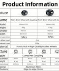 85mm Omni Wheel with coupling for robot wheels; plastic hub and rubber tire; Amazon brand product info sheet