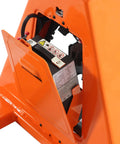 Tory Carrier Full Electric Pallet Jack 3300 Lb Capacity battery compartment with safety information labels and handle.