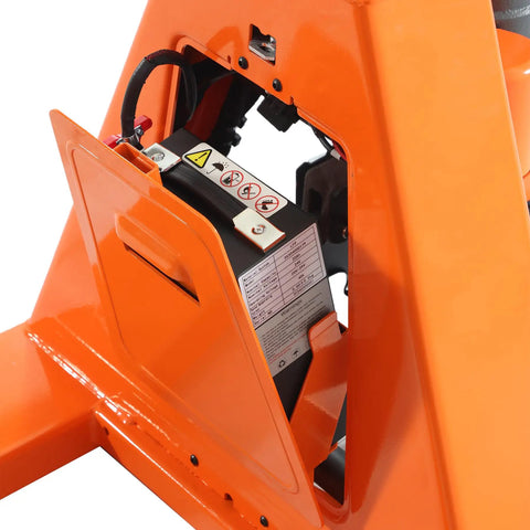 Tory Carrier Full Electric Pallet Jack 3300 Lb Capacity battery compartment with safety information labels and handle.