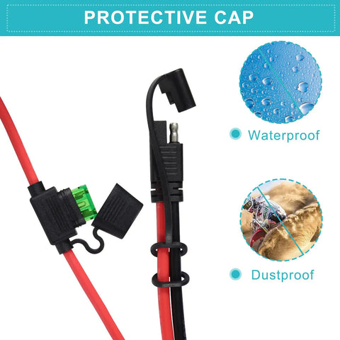 Heavy Duty Beefy 10 AWG SAE to O Ring Terminal Harness Includes Inline 30A Fuse with protective caps for waterproof and dustproof use.