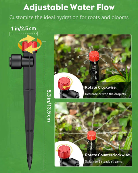 50 Foot Drip Irrigation Kit For Home Garden Watering System With Quarter Inch Tubing showing adjustable water flow emitters