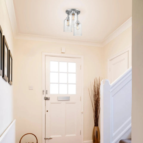 Three Light Semi Flush Mount Ceiling Light With Brushed Steel Finish And Clear Glass Shades E26 Socket Front Porch Lighting