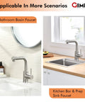 Pull Out Sprayer Bar Sink Faucet With Single Handle For Kitchen, Hot And Cold Water, Brushed Nickel Finish, next to a sink
