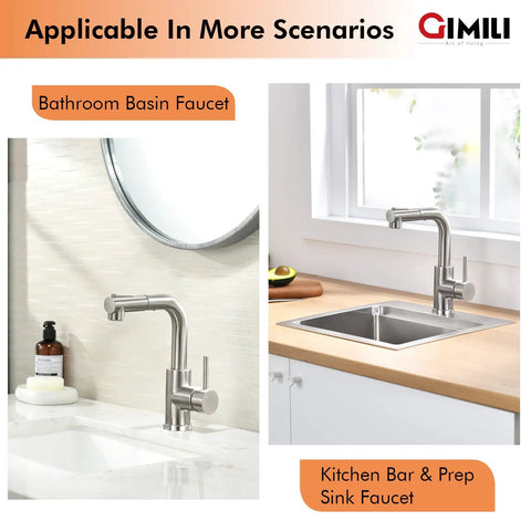 Pull Out Sprayer Bar Sink Faucet With Single Handle For Kitchen, Hot And Cold Water, Brushed Nickel Finish, next to a sink