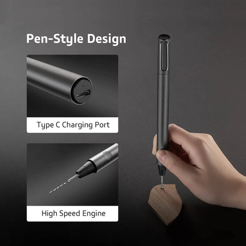 Hand using Mini Cordless USB Rechargeable Drill With Eight Attachments Pen Style Portable Power Tool For Plastic Wood DIY Projects