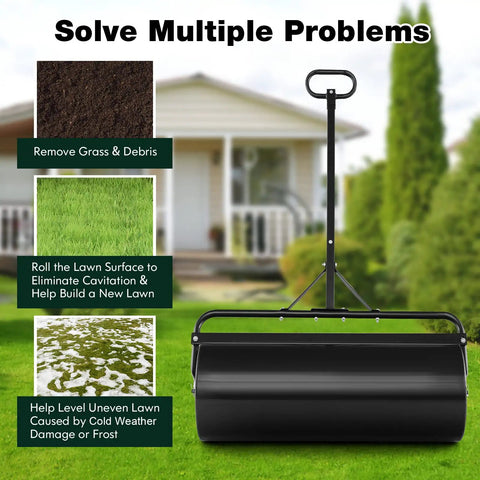 Tow Behind Lawn Roller With 30 Gallon Water Sand Fill For Tractor Push And Pull, Heavy Duty Rustproof Steel Frame, Detachable Gripping Handle
