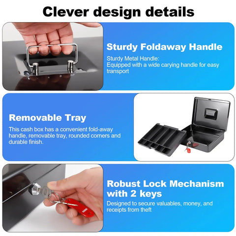 Locking Cash Box With Money Tray And Key, Heavy Duty Metal Cash Organizer For Small Biz; features handle, tray, lock mechanism