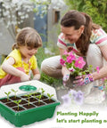 Mother and daughter planting flowers with 10 Pack Seed Starter Tray Kit With Humidity Dome 120 Cell Trays for home garden growth.