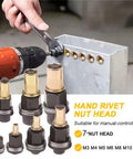 Must Have 7 Pcs Head Rivet Nut Tool Kit M3 To M12 Drop Resistant Manual Or Drill Style Heavy Duty Fastener Installer For Cars And Furniture DIY Jobs, drill installing M3-M12 rivet nuts in metal