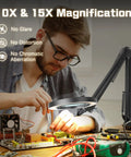 Desk Magnifying Lamp With Light And Clamp Base, 10X And 15X Magnification, 72 LED Glass Lens in use for electronics repair