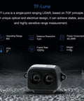 Front view of TF-Luna Lidar Sensor Module for Drones and Robotics with UART and I2C connectivity, 0.2 to 8 meter range.