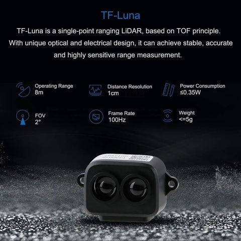 Front view of TF-Luna Lidar Sensor Module for Drones and Robotics with UART and I2C connectivity, 0.2 to 8 meter range.